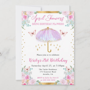 Purple and Gold Spring Umbrella 21st Birthday Invitation