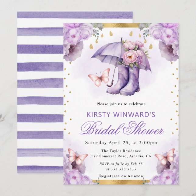Purple and Gold Spring Umbrella Bridal Shower Invitation (Front/Back)