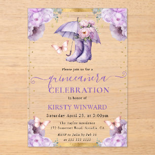 Purple and Gold Spring Umbrella Quinceanera Acrylic Invitations