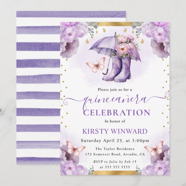 Purple and Gold Spring Umbrella Quinceanera Invitation (Front/Back)