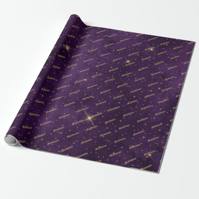 Purple and Gold Star Wrapping Paper (Unrolled)