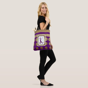 Purple and Gold Stripes and Dots Monogrammed Tote Bag