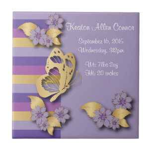 Purple and Gold Stripes with Butterflies Ceramic Tile