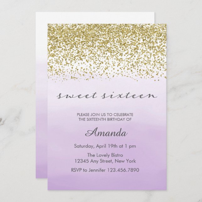 Purple and Gold Sweet 16 Birthday Invitation (Front/Back)