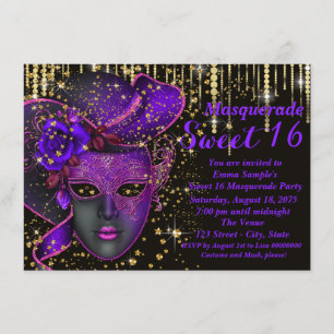 Purple and Gold Sweet Sixteen Masquerade Party Invitation