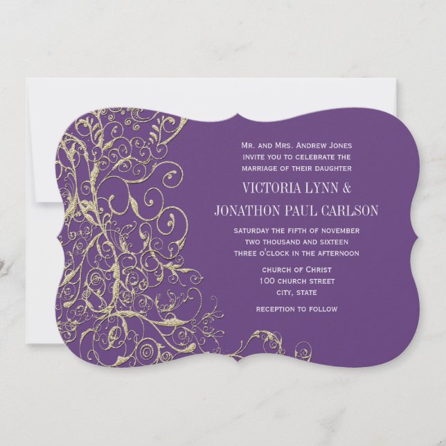 Purple and Gold Swirl Wedding Invitation (Front)