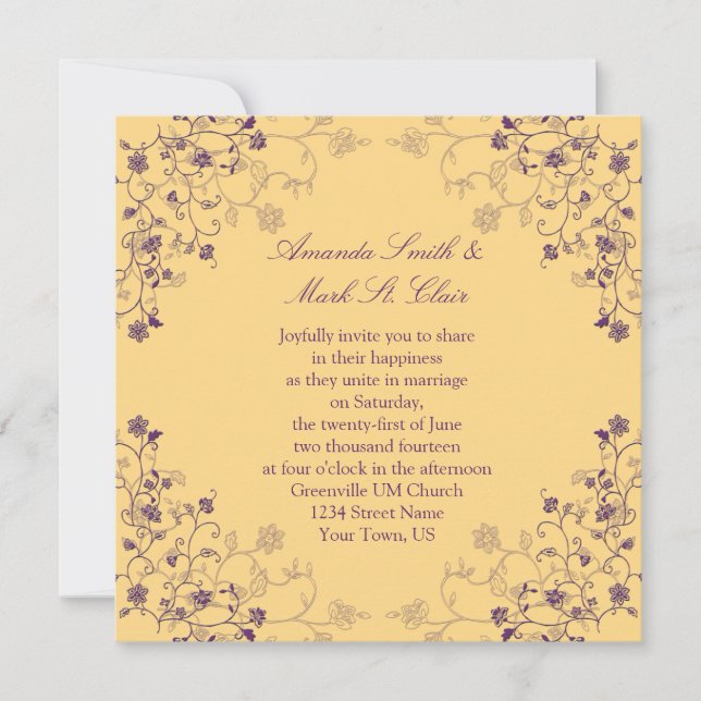 Purple and Gold Swirls Wedding Invitation (Front)