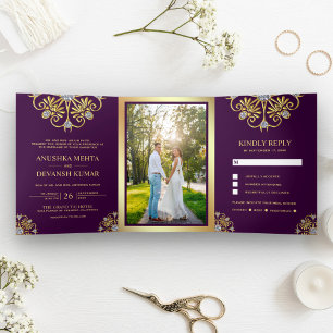 Purple and Gold Traditional Mandala Indian Wedding Tri-Fold Invitation