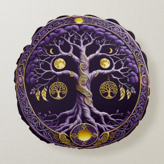 Purple and Gold Tree of Life Mandala Round Cushion