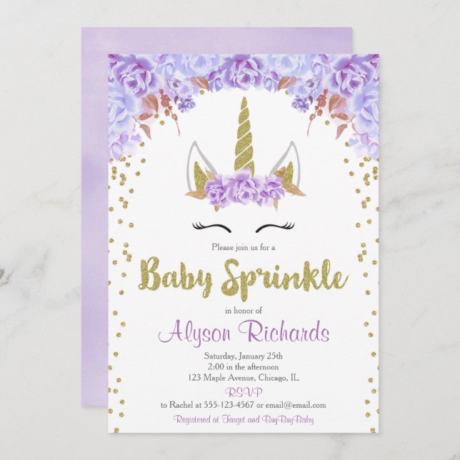 Purple and gold unicorn girl baby sprinkle invitation (Front/Back)