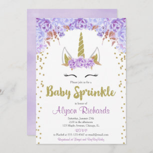 Purple and gold unicorn girl baby sprinkle invitation