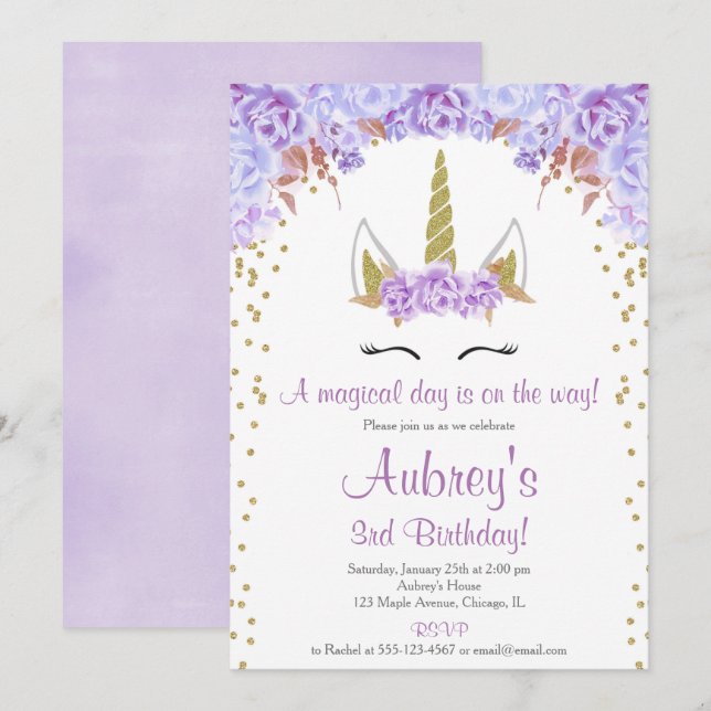 Purple and gold unicorn girl birthday party invitation (Front/Back)