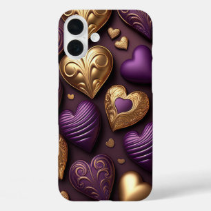 PURPLE AND GOLD VALENTINE LOVE HEARTS iPhone 16 PLUS CASE