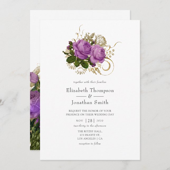 Purple and Gold Vintage Chic Wedding Invitation (Front/Back)
