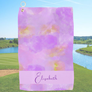 Purple and gold watercolor custom name womens golf towel