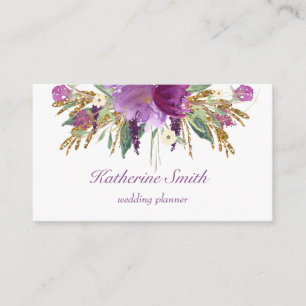 Purple and Gold Watercolor Flowers Business Card