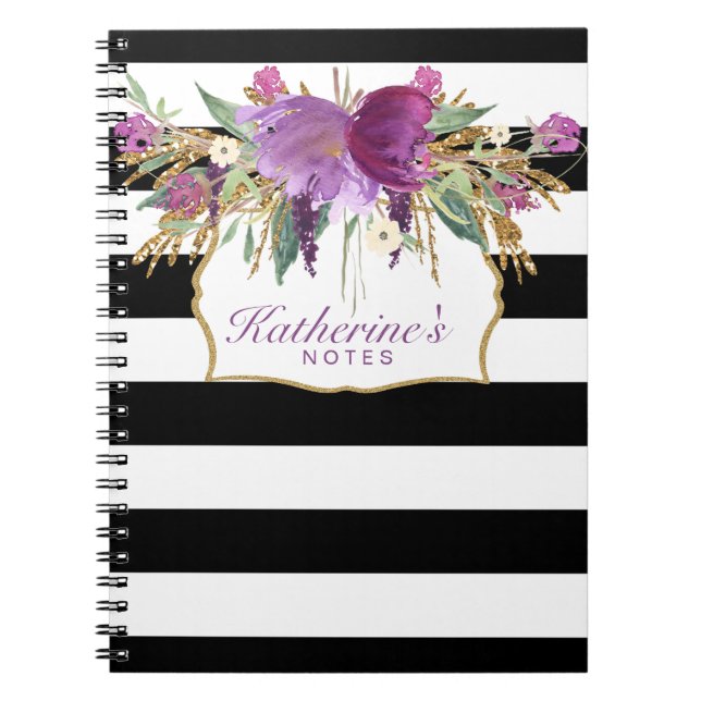 Purple and Gold Watercolor Flowers Notebook (Front)
