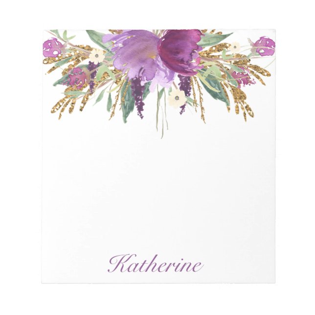 Purple and Gold Watercolor Flowers Notepad (Front)