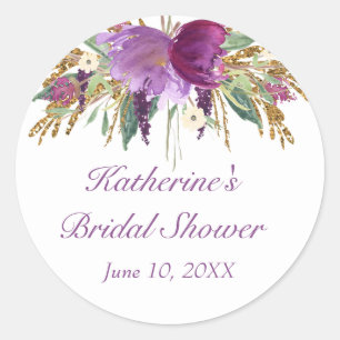 Purple and Gold Watercolor Flowers Round Sticker