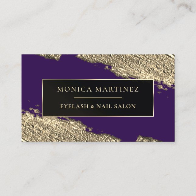 Purple and golden brush elegant business card (Front)