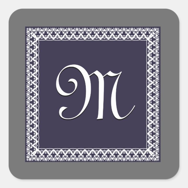 PURPLE and GRAY Ornate Monogram Square Sticker (Front)