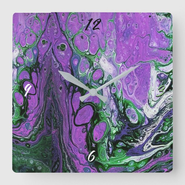 Purple and green abstract paint square wall clock (Front)