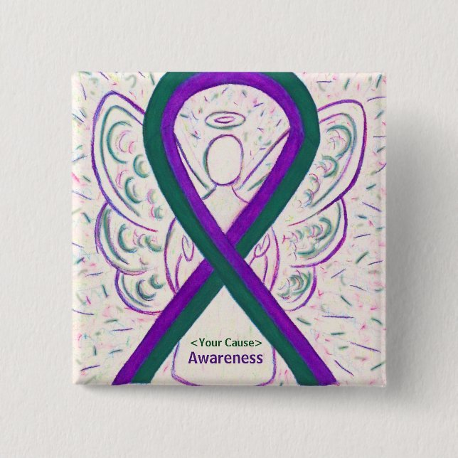 Purple and Green Awareness Ribbon Angel Button Pin (Front)