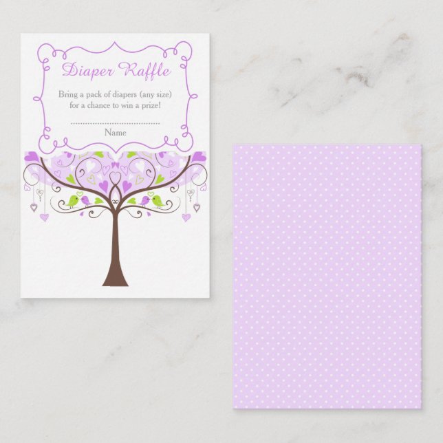 Purple and Green Bird Baby Shower Diaper Raffle Enclosure Card (Front/Back)