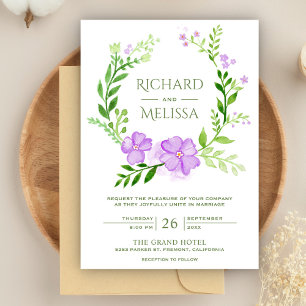 Purple and Green Botanical Floral Wreath Wedding Invitation