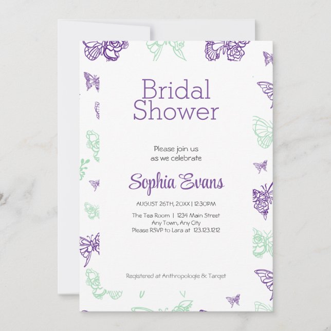 Purple and Green Butterflies White Bridal Shower Invitation (Front)