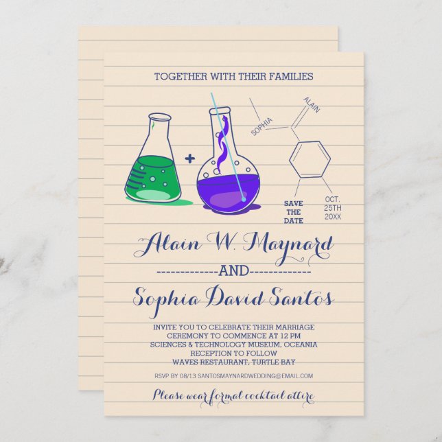 Purple and Green Chemistry Wedding Invitations (Front/Back)