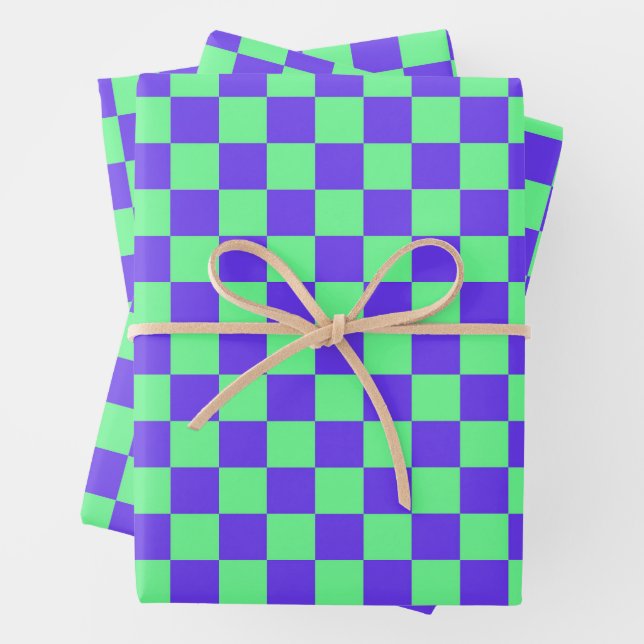 Purple and Green Chequerboard Pattern Wrapping Paper Sheet (In situ)