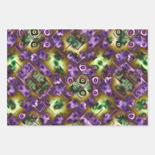 Purple and Green Christmas Fractal Texture Wrapping Paper Sheet (Front)