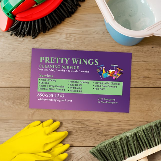 Purple and Green Cleaning Service Business Card  (Creator Uploaded)