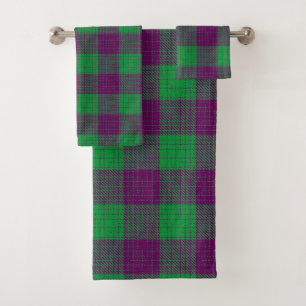 Purple and Green Crosshatch Chequered Pattern Bath Towel Set