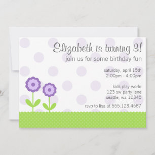 Purple and Green Daisy Polka Dots Birthday Party Invitation