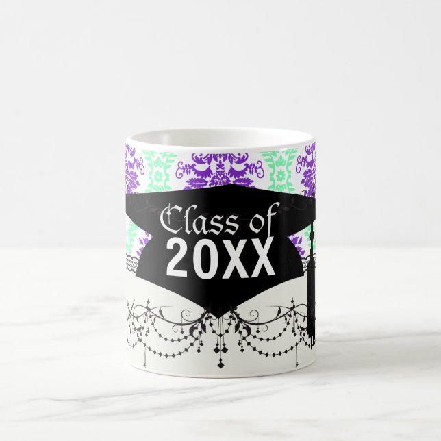 purple and green damask graduation coffee mug (Center)
