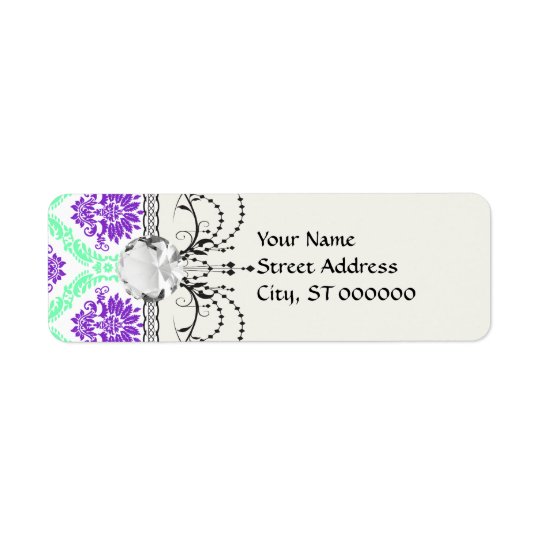 purple and green damask return address label