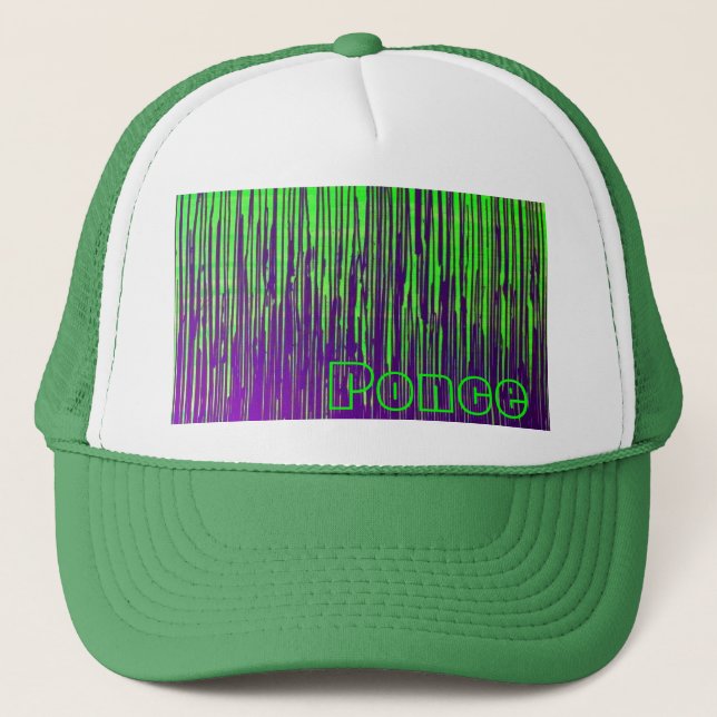 Purple and Green Drip Cat Trucker Hat (Front)