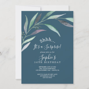 Purple and Green Eucalyptus   Blue Surprise Party Invitation