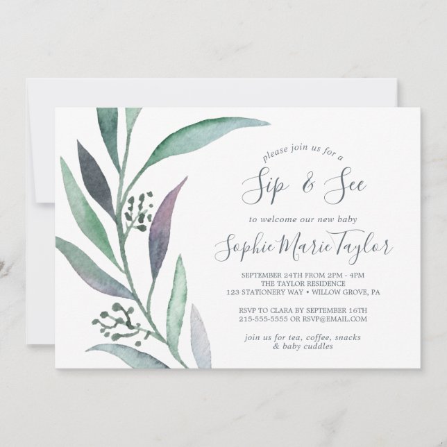Purple and Green Eucalyptus Sip and See Invitation (Front)