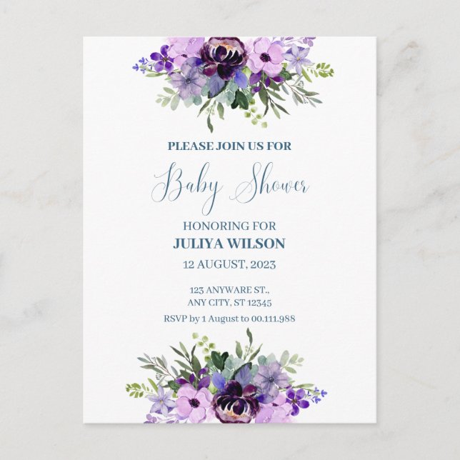 Purple and green floral baby shower Postcard (Front)