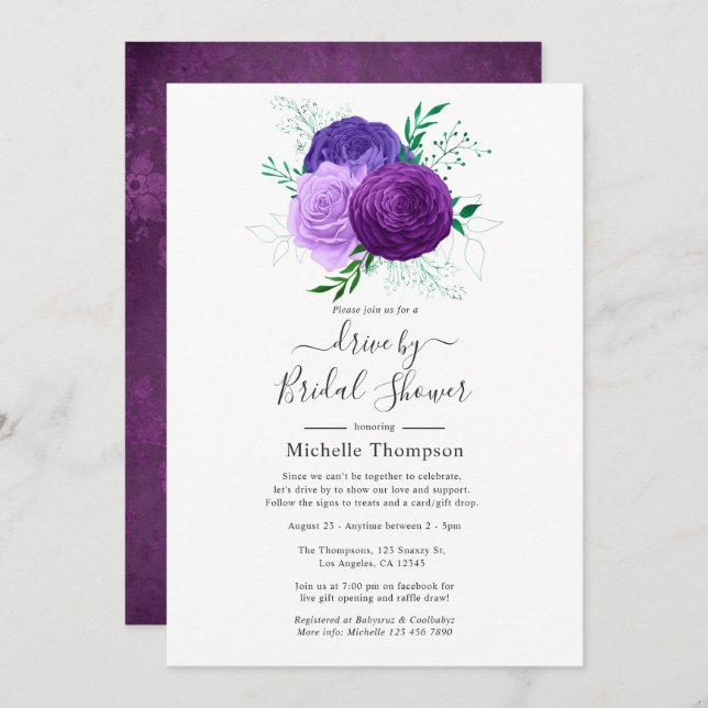 Purple and Green Floral Drive By Shower Invitation (Front/Back)