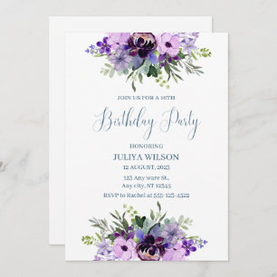 Purple and green Floral girls Birthday Party Invitation