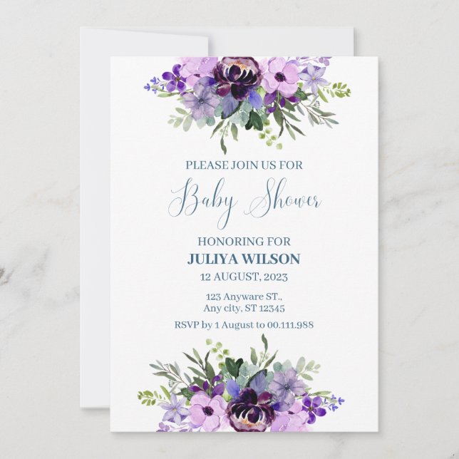 purple and green floral simple baby shower  invitation (Front)