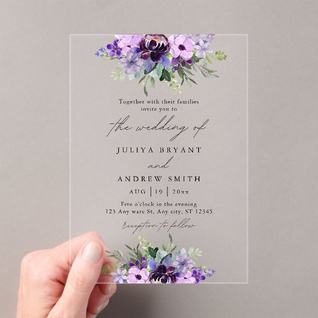 Purple and green  Floral wedding Acrylic Invitations (Insitu (Handheld))