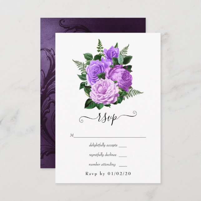 Purple and Green Floral Wedding RSVP Card (Front/Back)