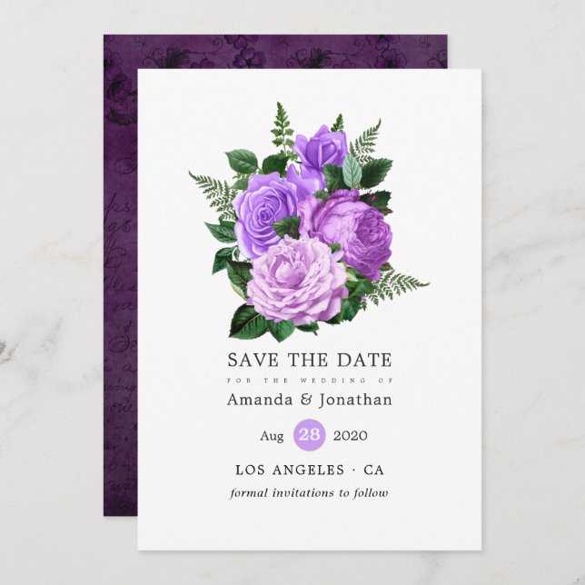 Purple and Green Floral Wedding Save The Date (Front/Back)