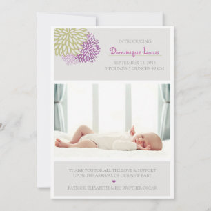 Purple and Green Flowers Photo Birth Announcements