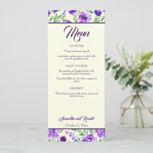 Purple and Green Flowers Wedding Menu Card